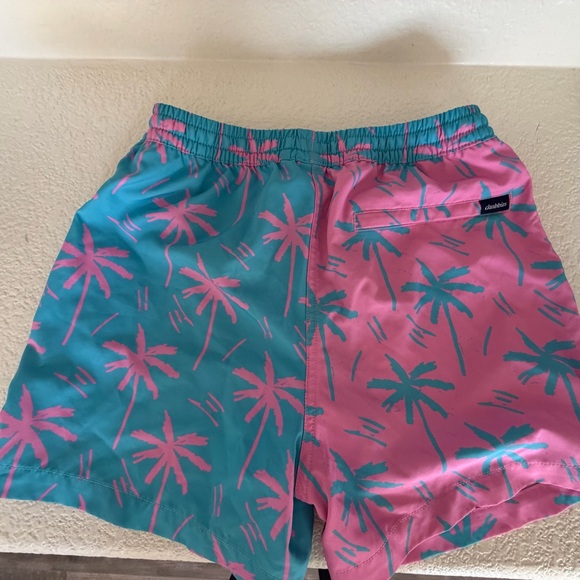 Youth Large: Chubbies Pink & Teal Palm-Print Swim Shorts *worn once * - Picture 2 of 3
